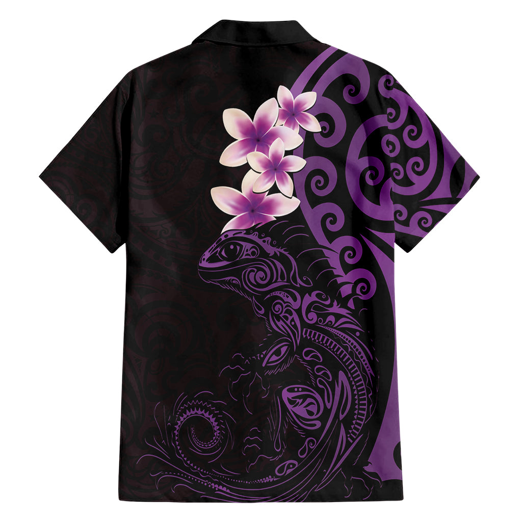 New Zealand Tuatara Plumeria Family Matching Short Sleeve Bodycon Dress and Hawaiian Shirt Maori Purple Koru Tribal Tattoo LT01 - Polynesian Pride