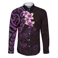 New Zealand Tuatara Plumeria Family Matching Short Sleeve Bodycon Dress and Hawaiian Shirt Maori Purple Koru Tribal Tattoo LT01 Dad's Shirt - Long Sleeve Purple - Polynesian Pride