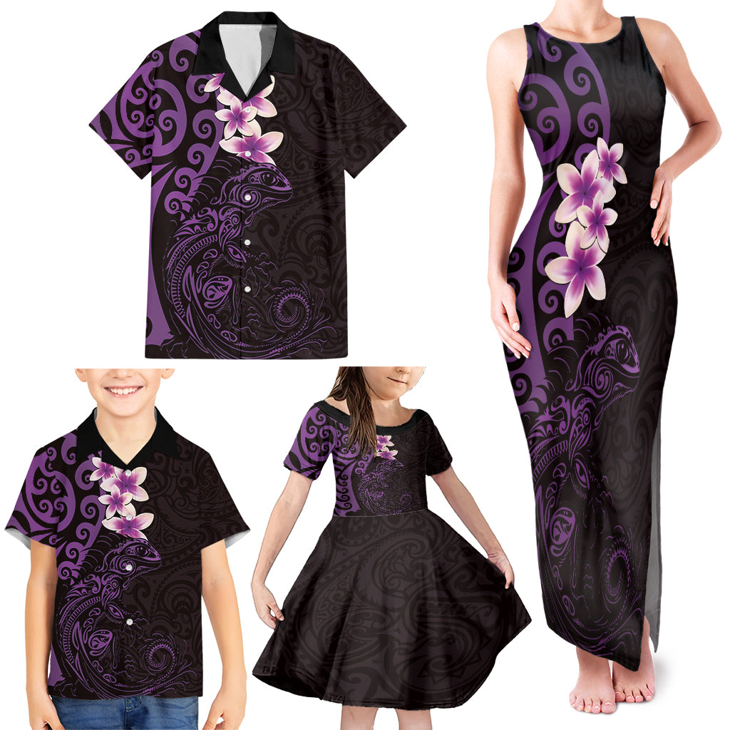 New Zealand Tuatara Plumeria Family Matching Tank Maxi Dress and Hawaiian Shirt Maori Purple Koru Tribal Tattoo