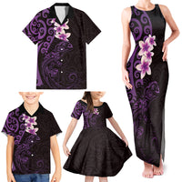 New Zealand Tuatara Plumeria Family Matching Tank Maxi Dress and Hawaiian Shirt Maori Purple Koru Tribal Tattoo