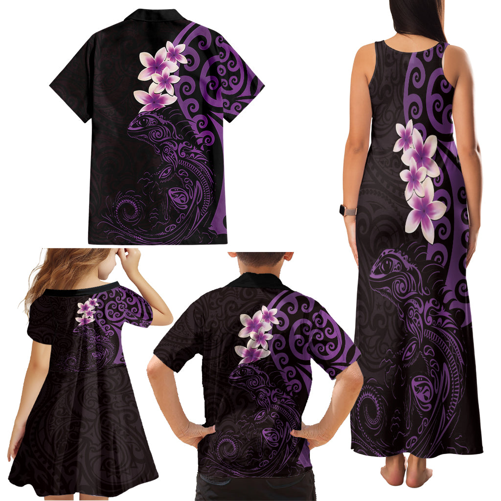 New Zealand Tuatara Plumeria Family Matching Tank Maxi Dress and Hawaiian Shirt Maori Purple Koru Tribal Tattoo