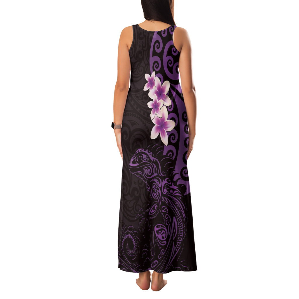 New Zealand Tuatara Plumeria Family Matching Tank Maxi Dress and Hawaiian Shirt Maori Purple Koru Tribal Tattoo