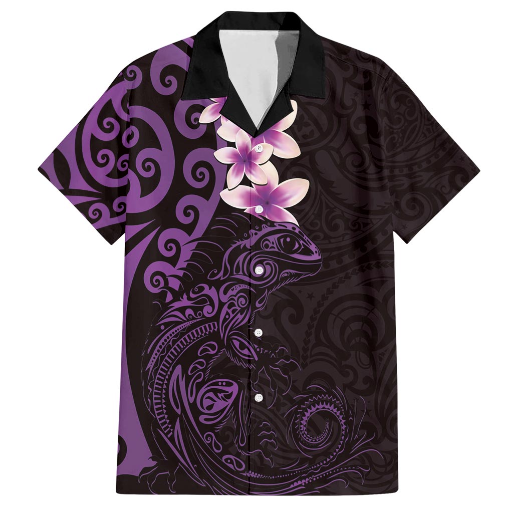 New Zealand Tuatara Plumeria Hawaiian Shirt Maori Purple Koru Tribal Tattoo