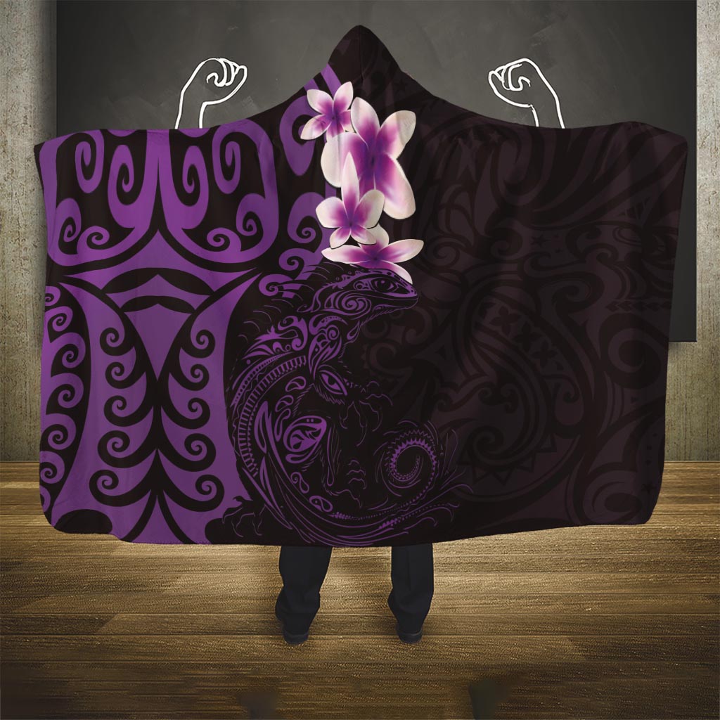 New Zealand Tuatara Plumeria Hooded Blanket Maori Purple Koru Tribal Tattoo