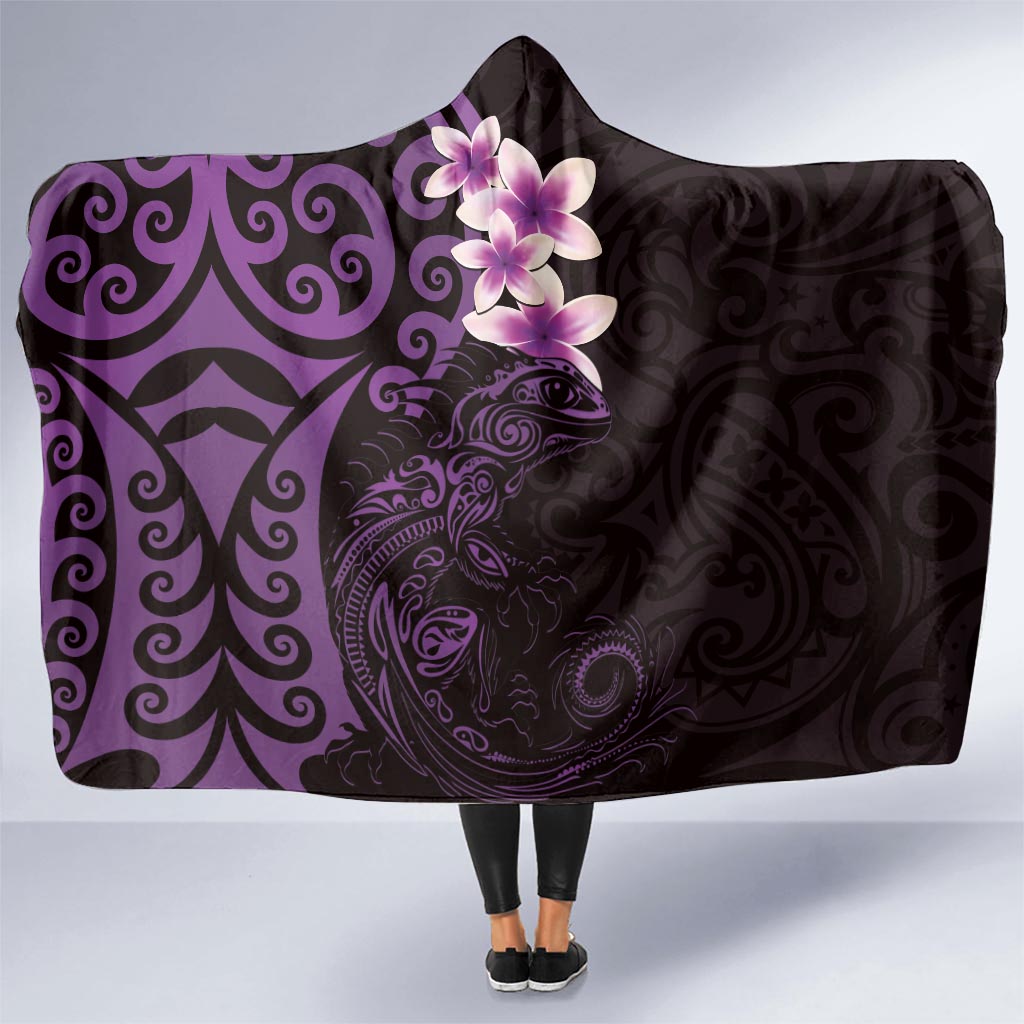 New Zealand Tuatara Plumeria Hooded Blanket Maori Purple Koru Tribal Tattoo LT01 - Polynesian Pride