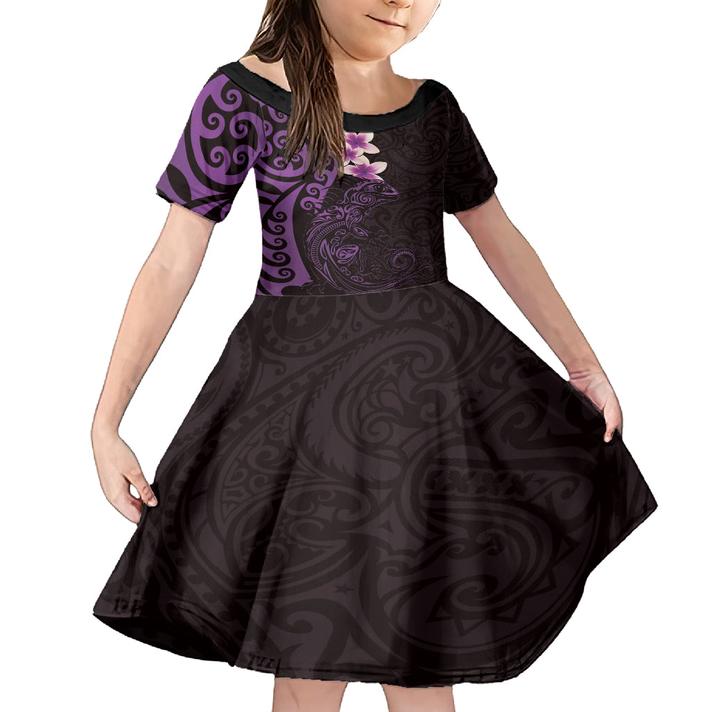 New Zealand Tuatara Plumeria Kid Short Sleeve Dress Maori Purple Koru Tribal Tattoo LT01 KID Purple - Polynesian Pride