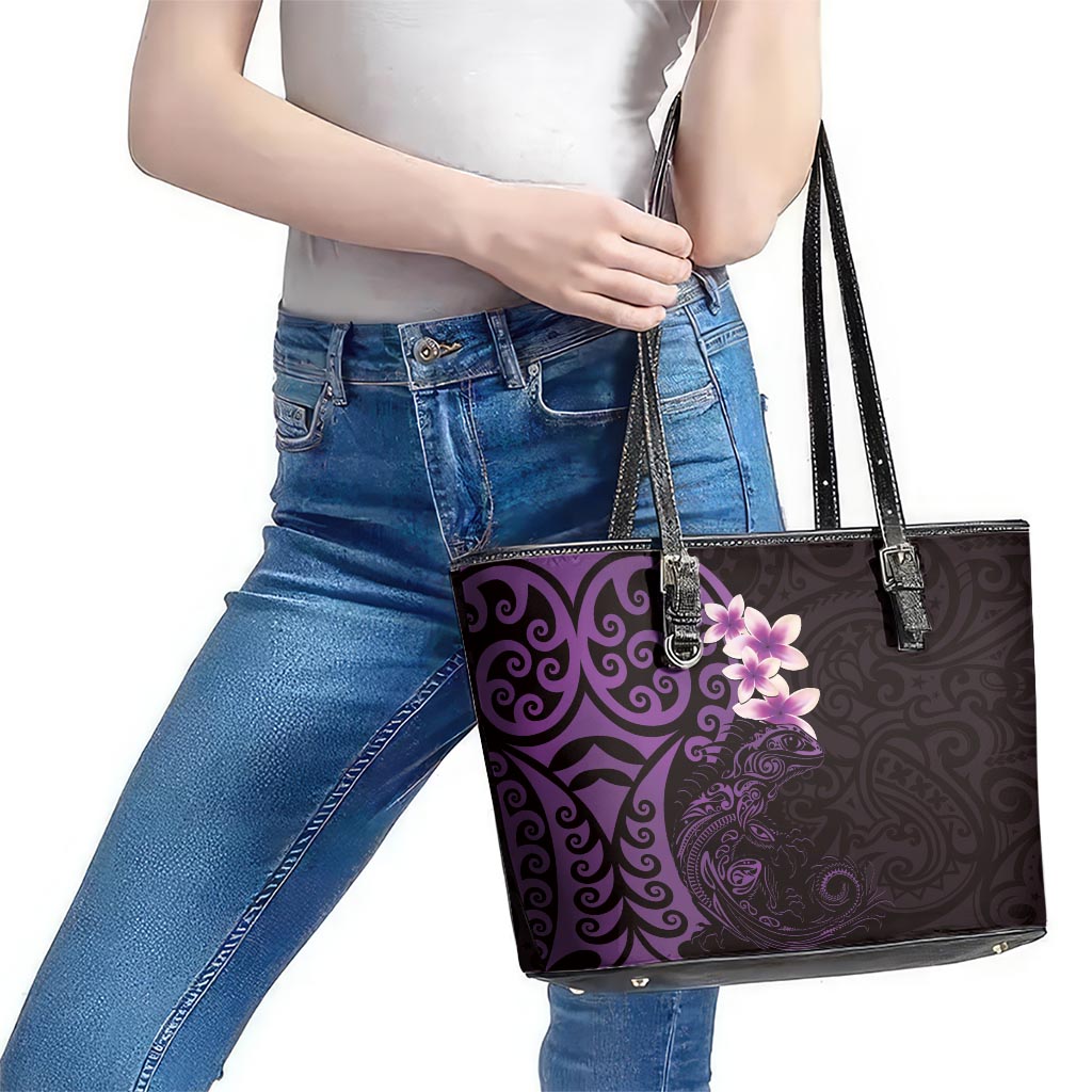 New Zealand Tuatara Plumeria Leather Tote Bag Maori Purple Koru Tribal Tattoo LT01 - Polynesian Pride