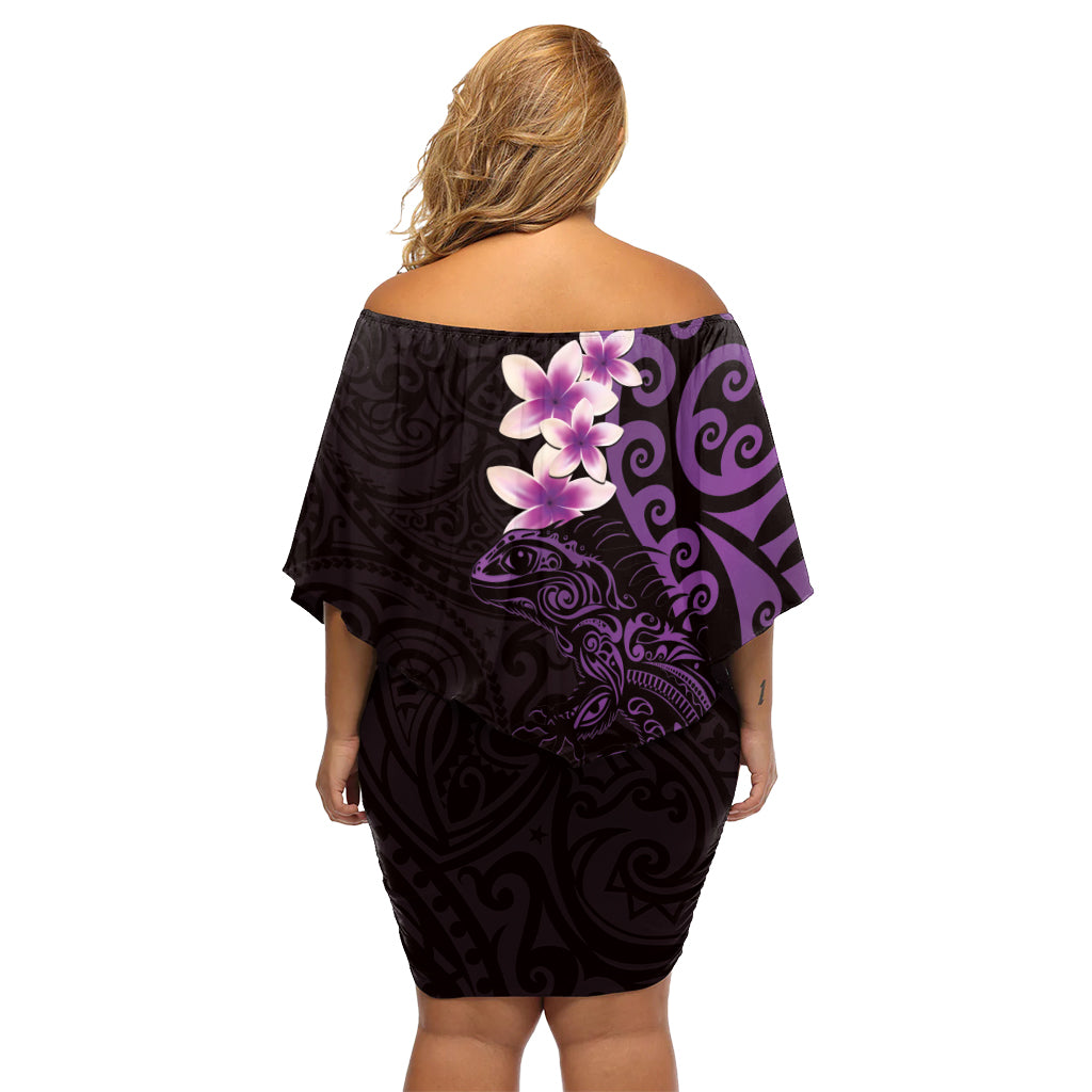 New Zealand Tuatara Plumeria Off Shoulder Short Dress Maori Purple Koru Tribal Tattoo LT01 - Polynesian Pride