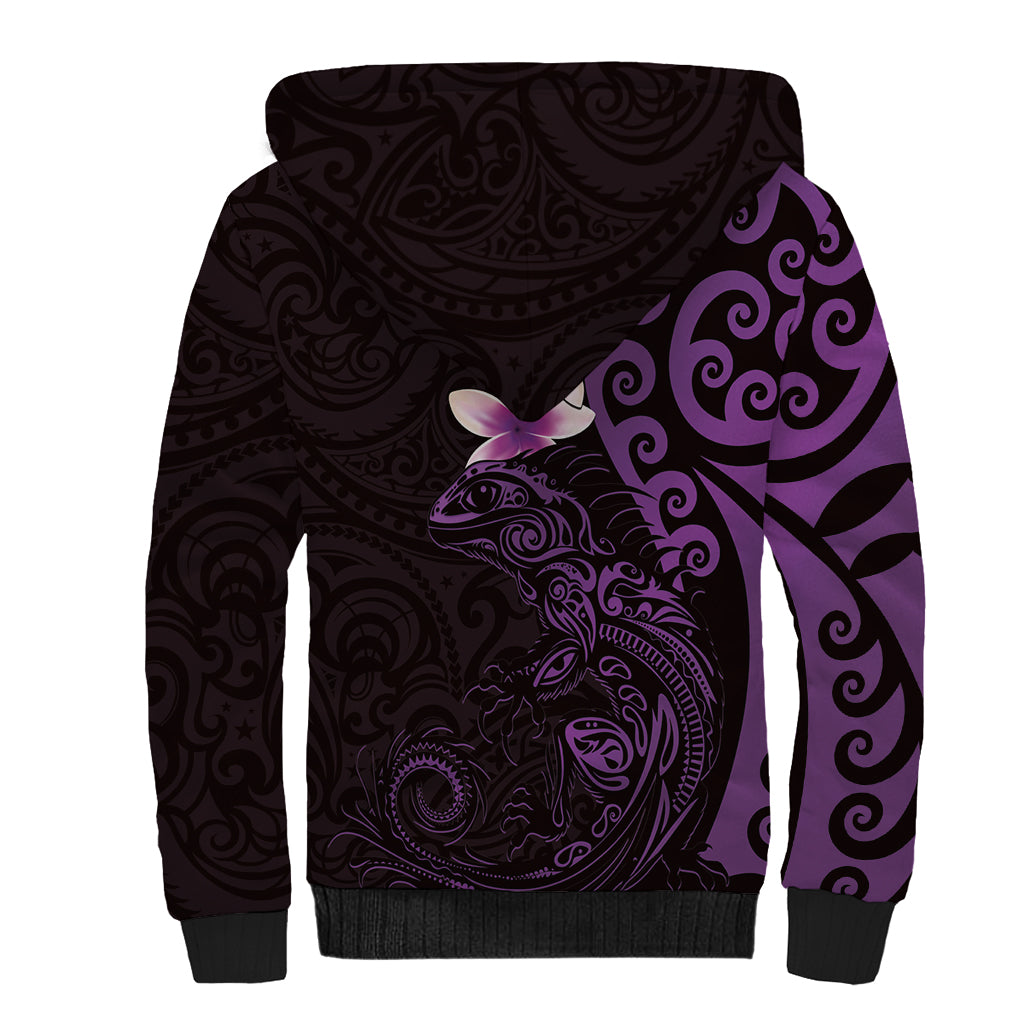 New Zealand Tuatara Plumeria Sherpa Hoodie Maori Purple Koru Tribal Tattoo LT01 - Polynesian Pride