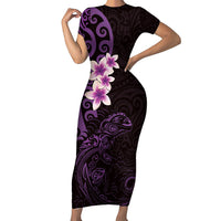 New Zealand Tuatara Plumeria Short Sleeve Bodycon Dress Maori Purple Koru Tribal Tattoo LT01 Long Dress Purple - Polynesian Pride