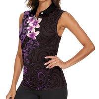 New Zealand Tuatara Plumeria Women Sleeveless Polo Shirt Maori Purple Koru Tribal Tattoo