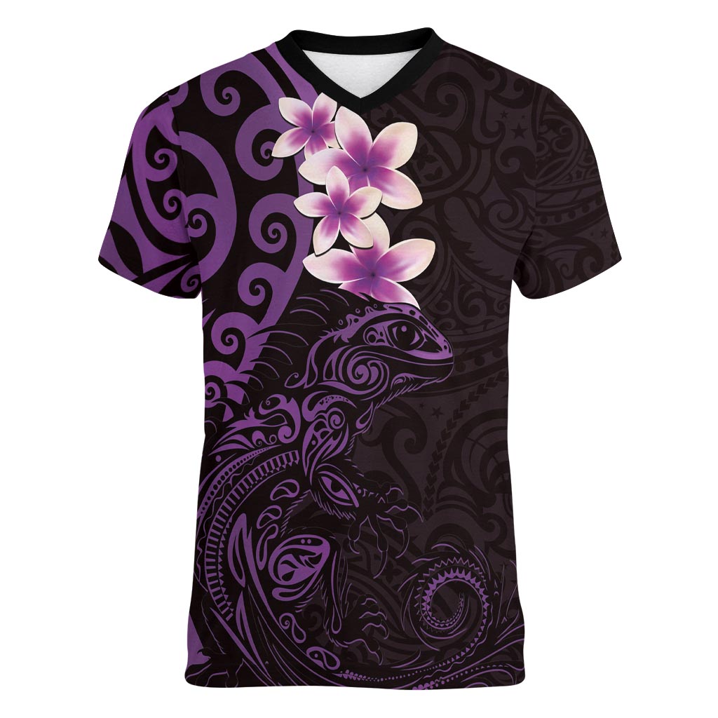 New Zealand Tuatara Plumeria Women V-Neck T-Shirt Maori Purple Koru Tribal Tattoo