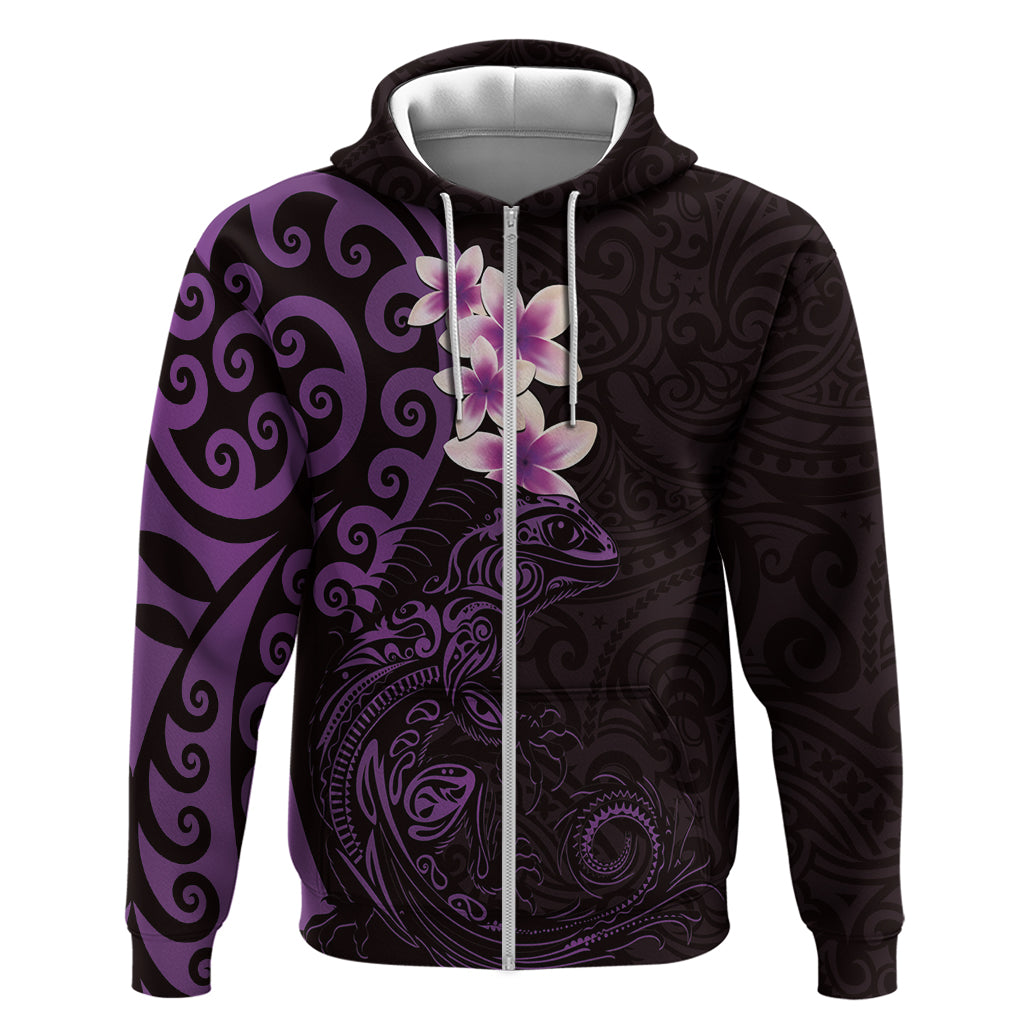 New Zealand Tuatara Plumeria Zip Hoodie Maori Purple Koru Tribal Tattoo LT01 Zip Hoodie Purple - Polynesian Pride