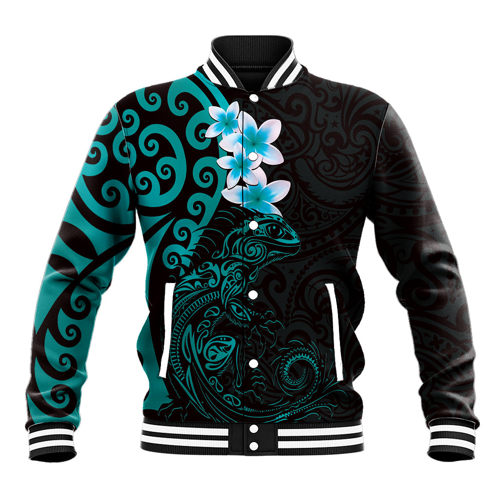 New Zealand Tuatara Plumeria Baseball Jacket Maori Teal Koru Tribal Tattoo