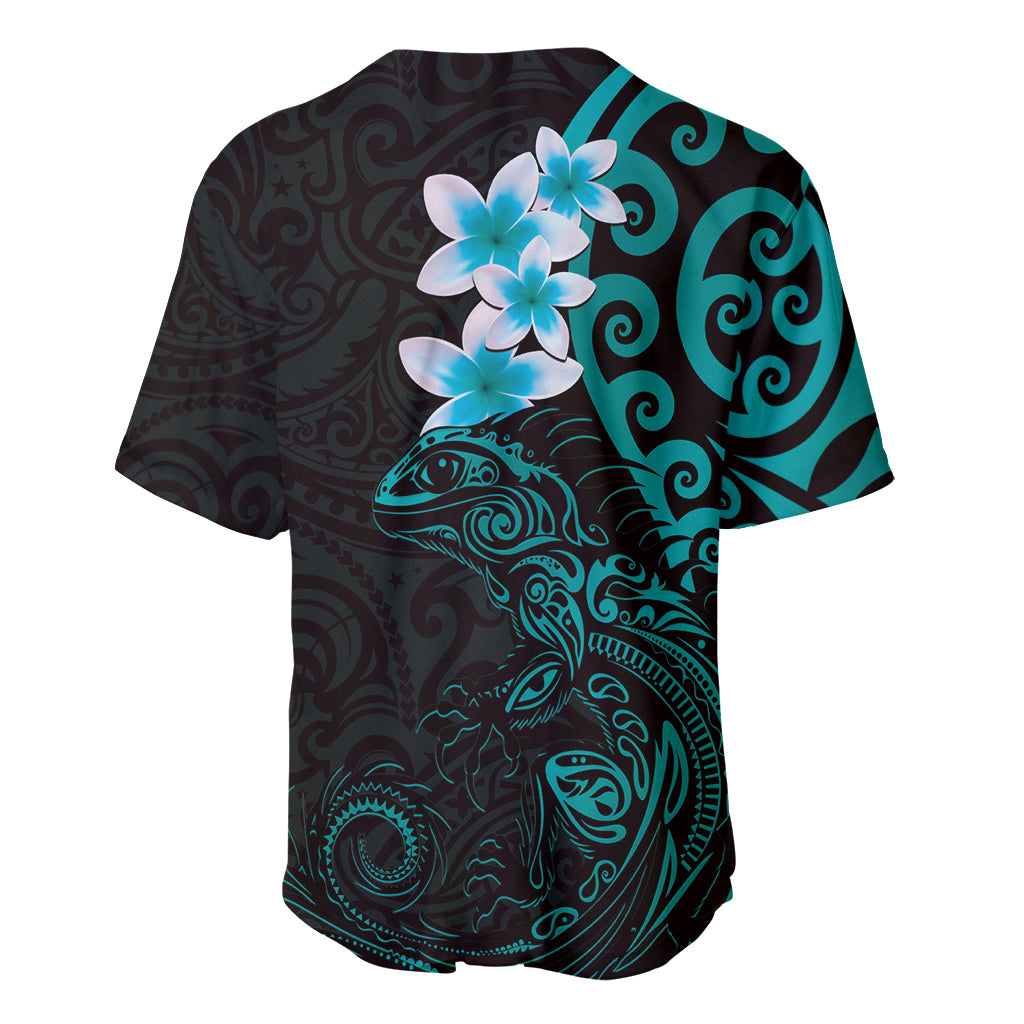 New Zealand Tuatara Plumeria Baseball Jersey Maori Teal Koru Tribal Tattoo