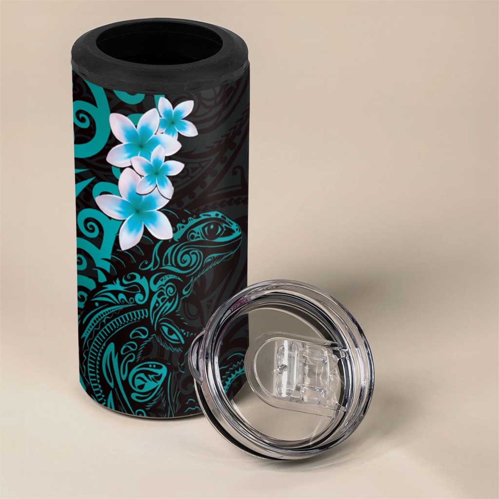 New Zealand Tuatara Plumeria 4 in 1 Can Cooler Tumbler Maori Teal Koru Tribal Tattoo