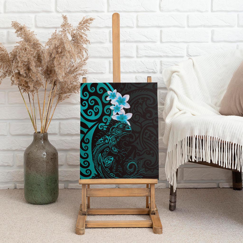 New Zealand Tuatara Plumeria Canvas Wall Art Maori Teal Koru Tribal Tattoo