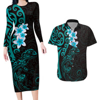 New Zealand Tuatara Plumeria Couples Matching Long Sleeve Bodycon Dress and Hawaiian Shirt Maori Teal Koru Tribal Tattoo LT01 Teal - Polynesian Pride