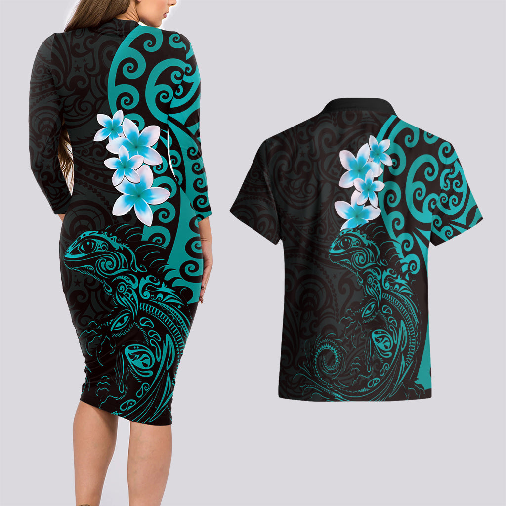 New Zealand Tuatara Plumeria Couples Matching Long Sleeve Bodycon Dress and Hawaiian Shirt Maori Teal Koru Tribal Tattoo LT01 - Polynesian Pride