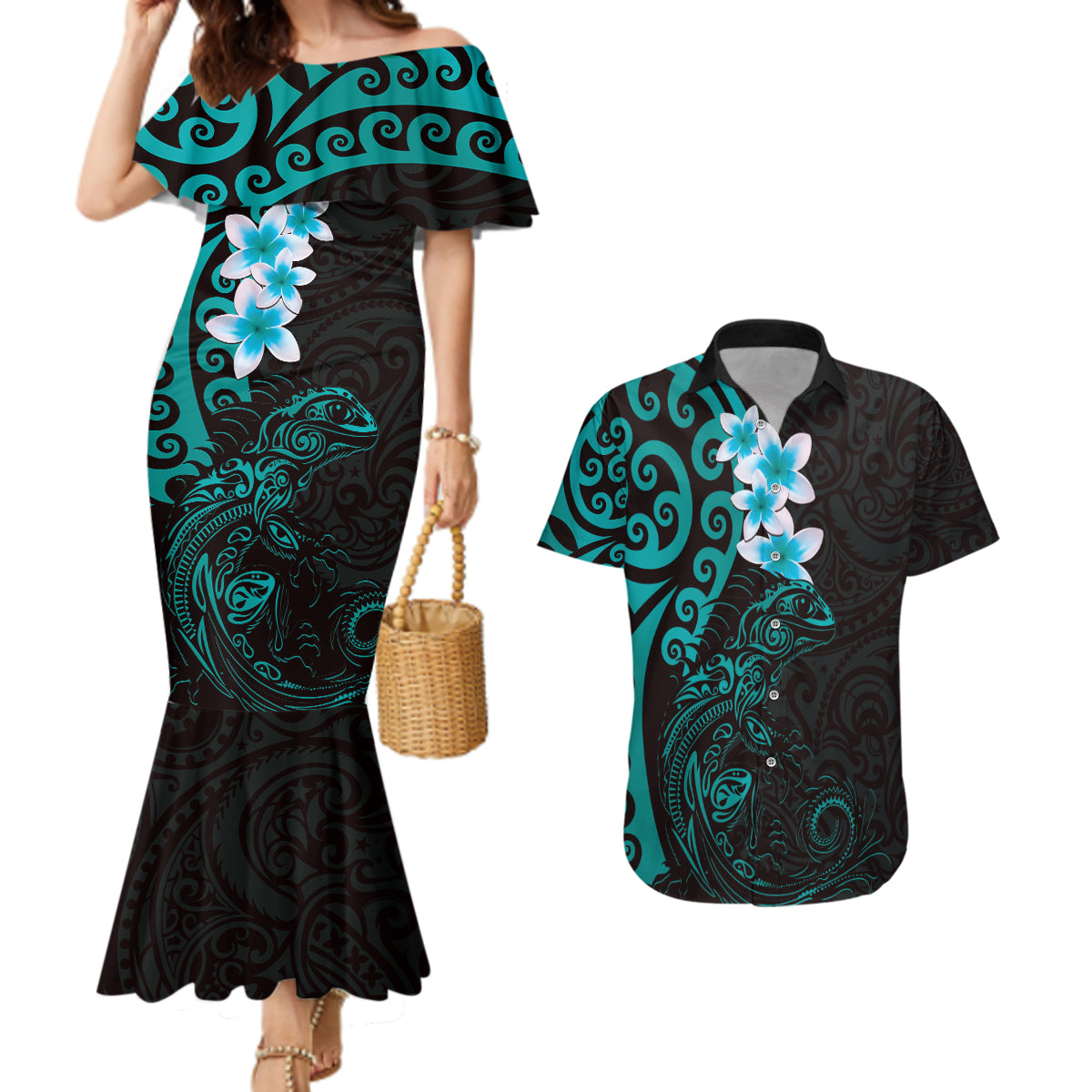 New Zealand Tuatara Plumeria Couples Matching Mermaid Dress and Hawaiian Shirt Maori Teal Koru Tribal Tattoo