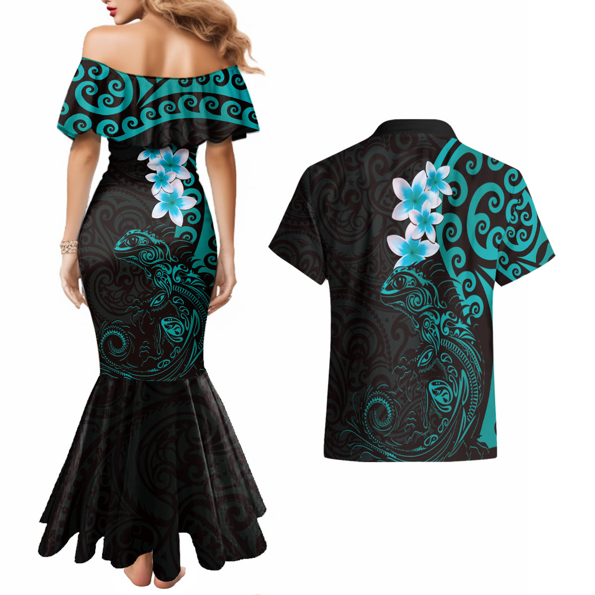 New Zealand Tuatara Plumeria Couples Matching Mermaid Dress and Hawaiian Shirt Maori Teal Koru Tribal Tattoo