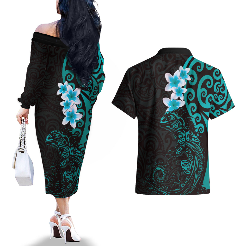 New Zealand Tuatara Plumeria Couples Matching Off The Shoulder Long Sleeve Dress and Hawaiian Shirt Maori Teal Koru Tribal Tattoo