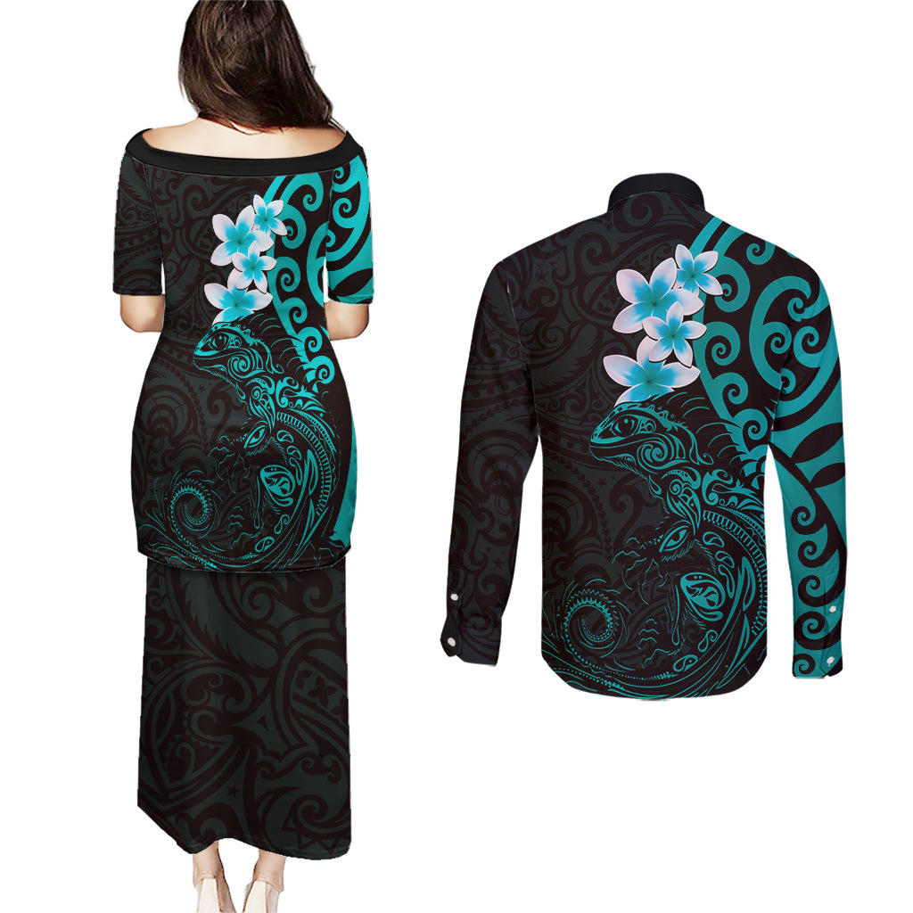 New Zealand Tuatara Plumeria Couples Matching Puletasi and Long Sleeve Button Shirt Maori Teal Koru Tribal Tattoo LT01 - Polynesian Pride