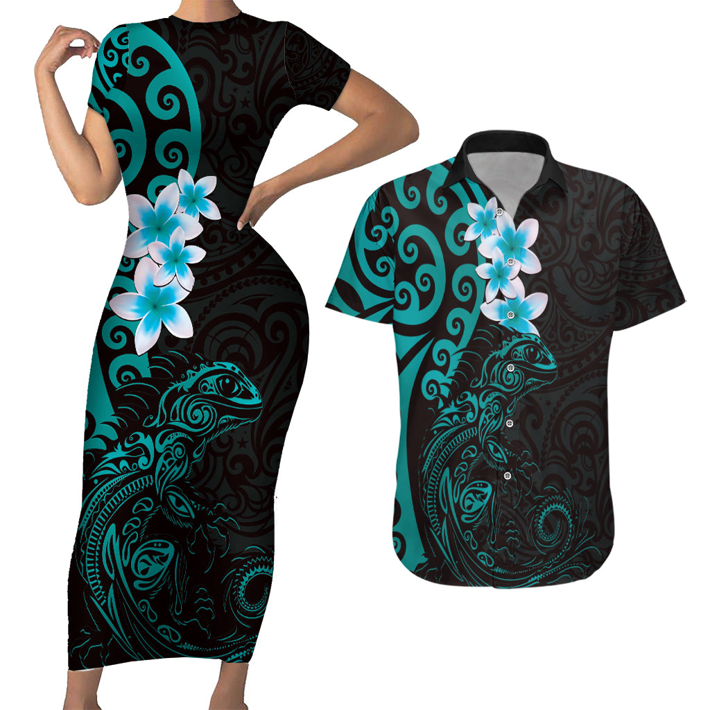 New Zealand Tuatara Plumeria Couples Matching Short Sleeve Bodycon Dress and Hawaiian Shirt Maori Teal Koru Tribal Tattoo