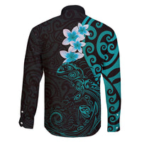 New Zealand Tuatara Plumeria Family Matching Long Sleeve Bodycon Dress and Hawaiian Shirt Maori Teal Koru Tribal Tattoo LT01 - Polynesian Pride