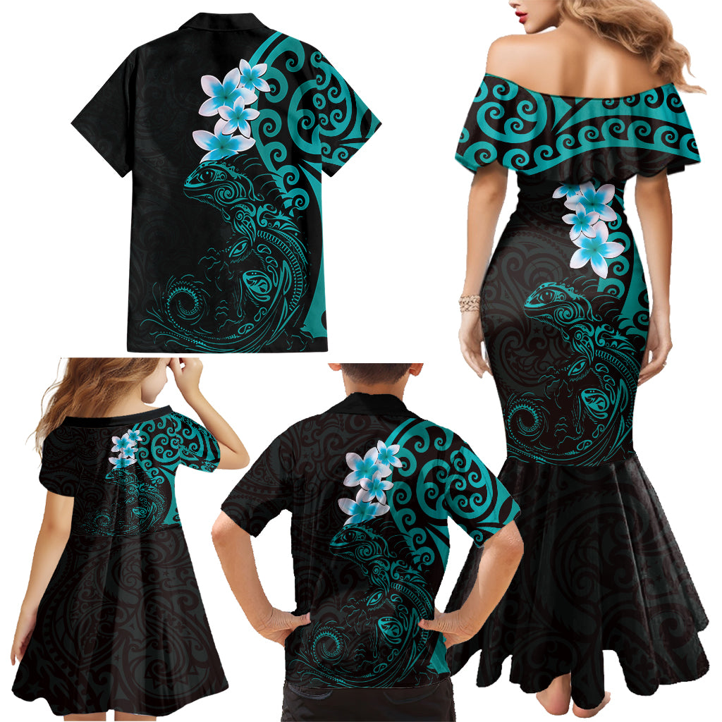 New Zealand Tuatara Plumeria Family Matching Mermaid Dress and Hawaiian Shirt Maori Teal Koru Tribal Tattoo LT01 - Polynesian Pride