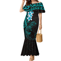 New Zealand Tuatara Plumeria Family Matching Mermaid Dress and Hawaiian Shirt Maori Teal Koru Tribal Tattoo LT01 Mom's Dress Teal - Polynesian Pride