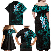 New Zealand Tuatara Plumeria Family Matching Off Shoulder Maxi Dress and Hawaiian Shirt Maori Teal Koru Tribal Tattoo