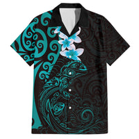 New Zealand Tuatara Plumeria Family Matching Puletasi and Hawaiian Shirt Maori Teal Koru Tribal Tattoo LT01 Dad's Shirt - Short Sleeve Teal - Polynesian Pride