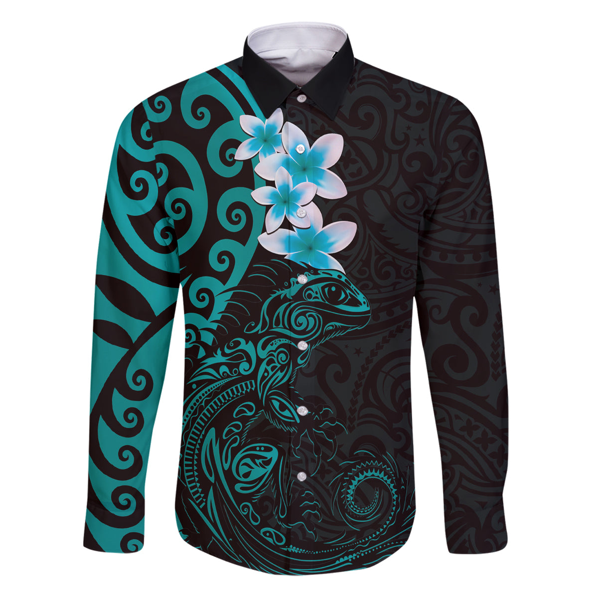 New Zealand Tuatara Plumeria Family Matching Puletasi and Hawaiian Shirt Maori Teal Koru Tribal Tattoo LT01 Dad's Shirt - Long Sleeve Teal - Polynesian Pride