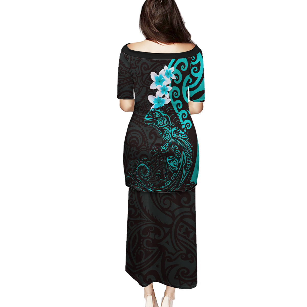 New Zealand Tuatara Plumeria Family Matching Puletasi and Hawaiian Shirt Maori Teal Koru Tribal Tattoo LT01 - Polynesian Pride