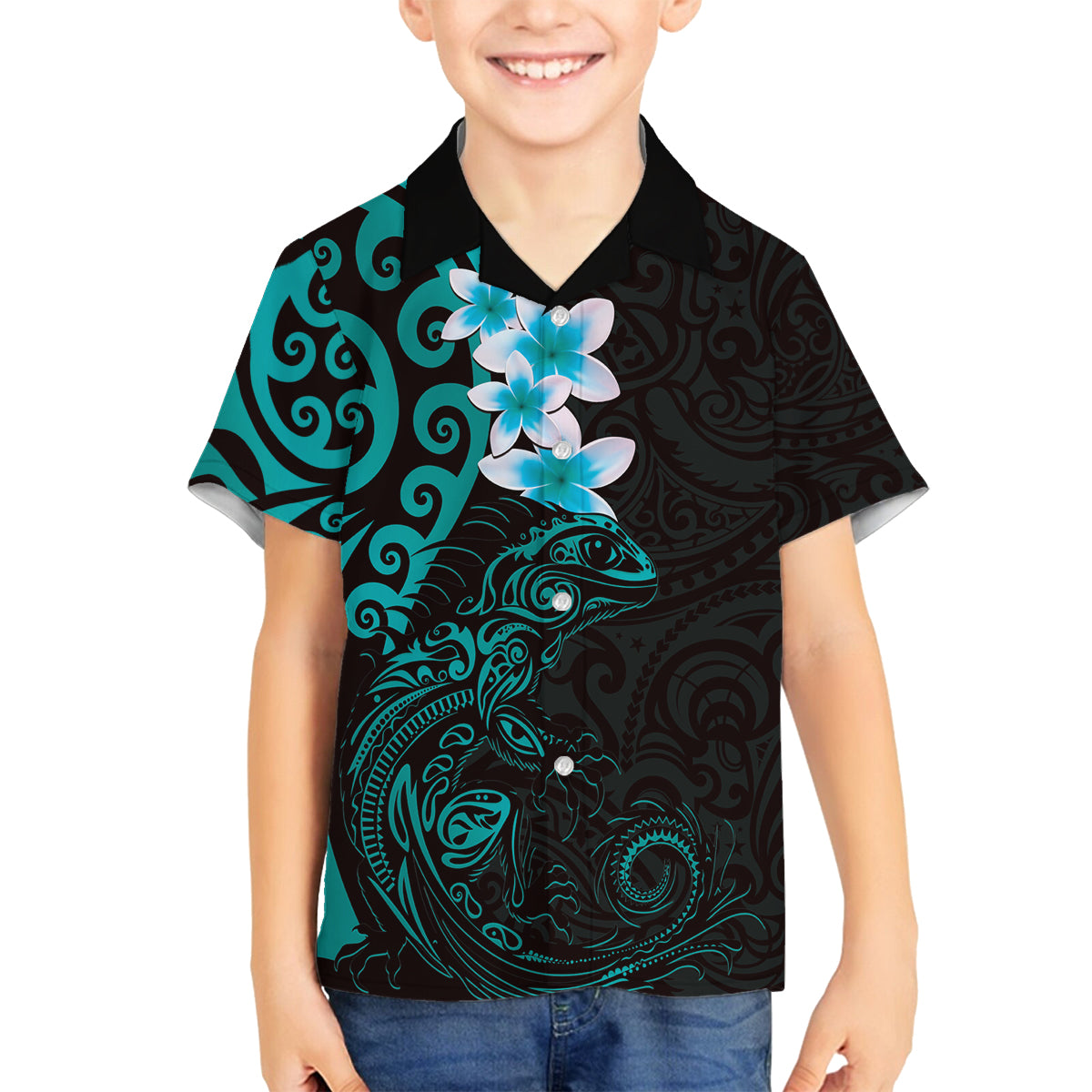 New Zealand Tuatara Plumeria Family Matching Puletasi and Hawaiian Shirt Maori Teal Koru Tribal Tattoo LT01 Son's Shirt Teal - Polynesian Pride