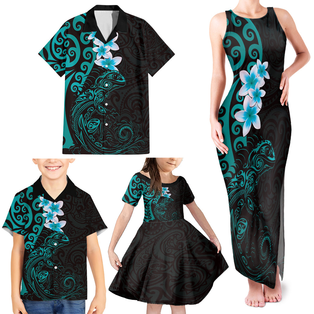 New Zealand Tuatara Plumeria Family Matching Tank Maxi Dress and Hawaiian Shirt Maori Teal Koru Tribal Tattoo