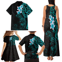 New Zealand Tuatara Plumeria Family Matching Tank Maxi Dress and Hawaiian Shirt Maori Teal Koru Tribal Tattoo