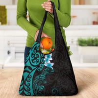 New Zealand Tuatara Plumeria Grocery Bag Maori Teal Koru Tribal Tattoo