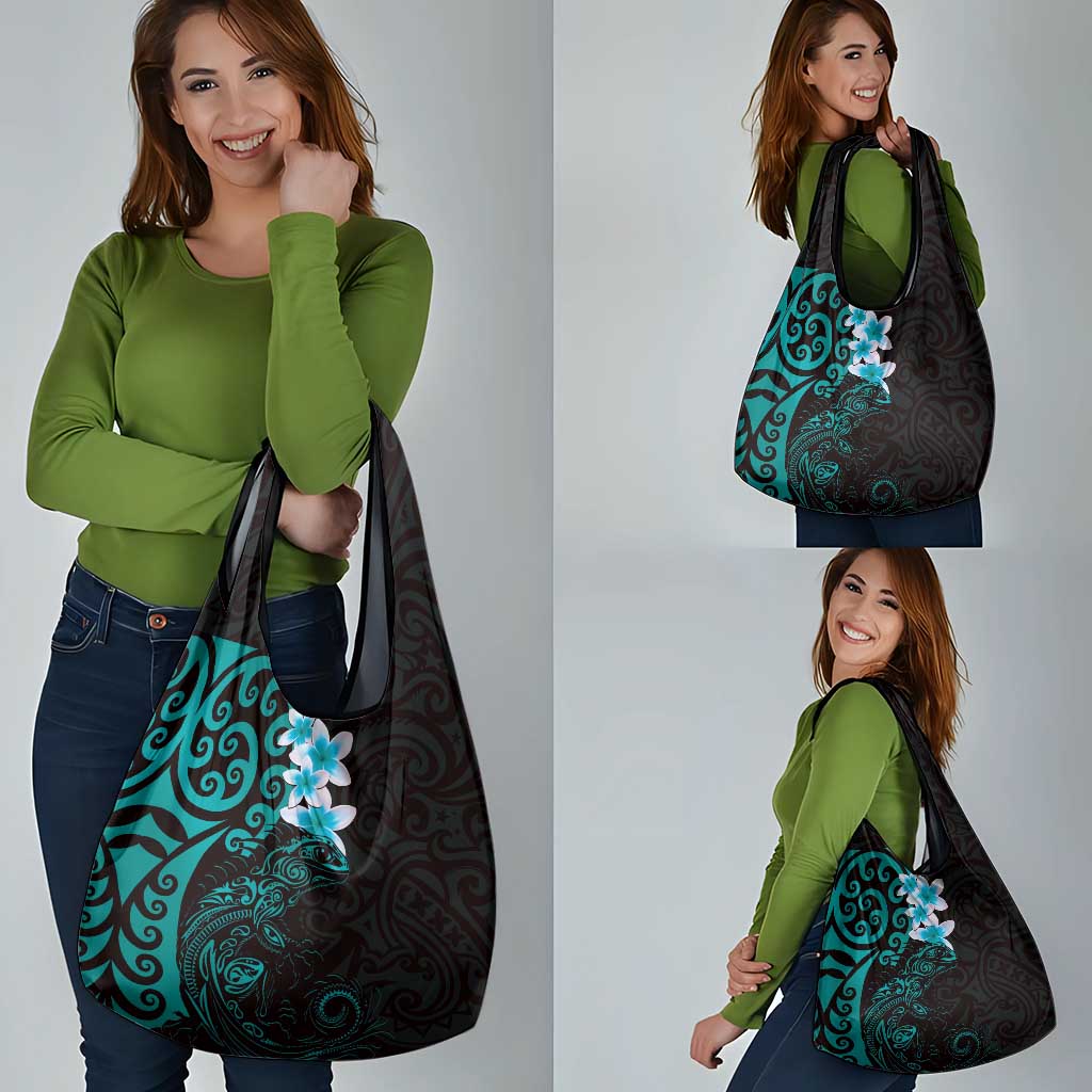 New Zealand Tuatara Plumeria Grocery Bag Maori Teal Koru Tribal Tattoo