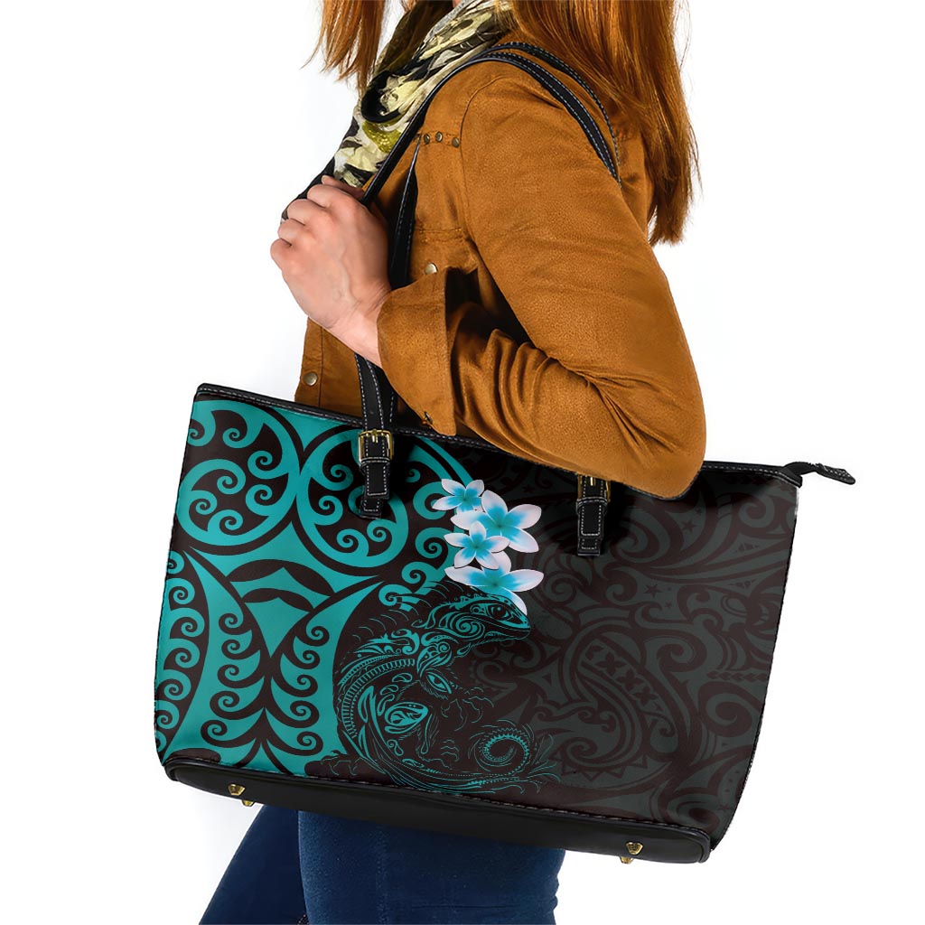 New Zealand Tuatara Plumeria Leather Tote Bag Maori Teal Koru Tribal Tattoo