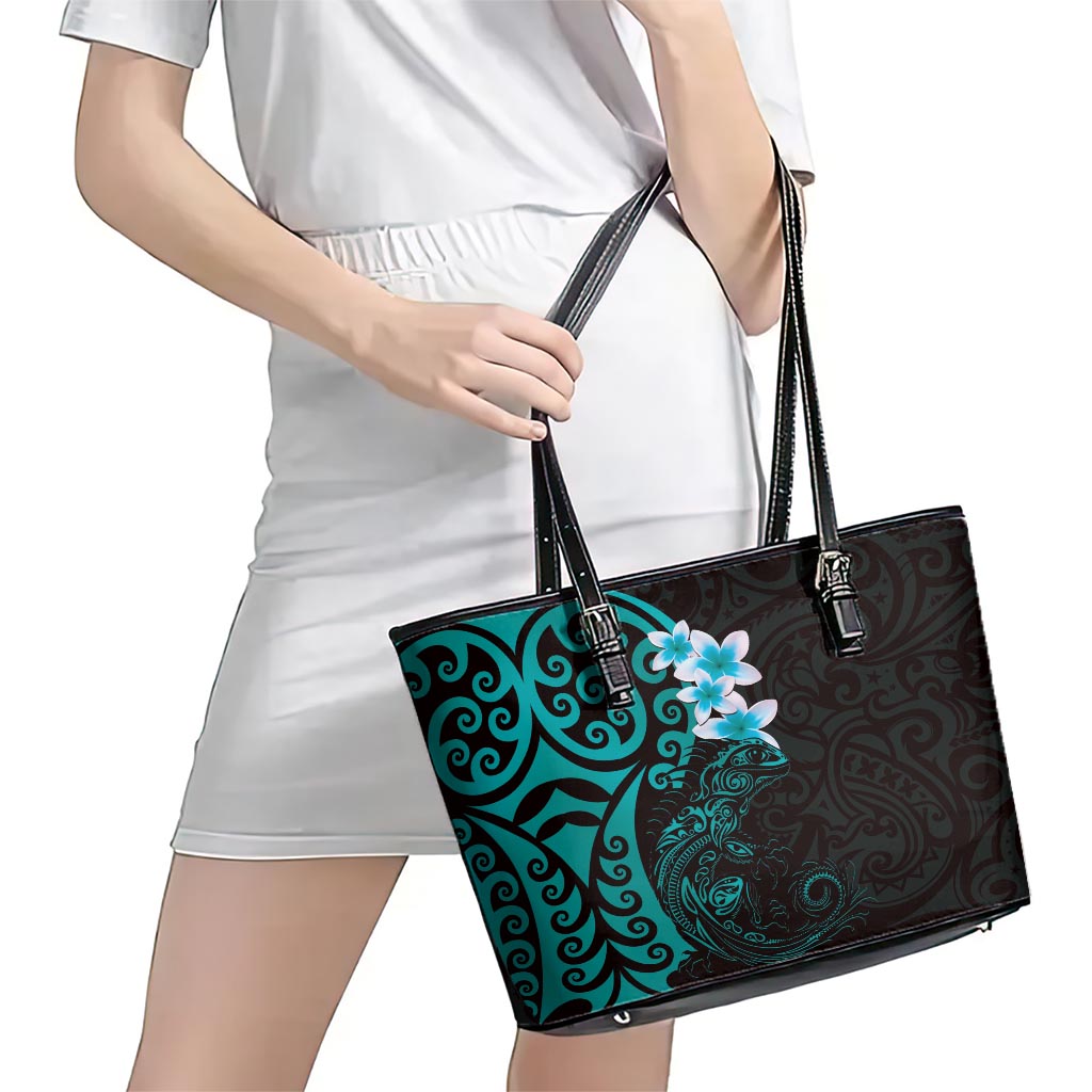 New Zealand Tuatara Plumeria Leather Tote Bag Maori Teal Koru Tribal Tattoo LT01 - Polynesian Pride