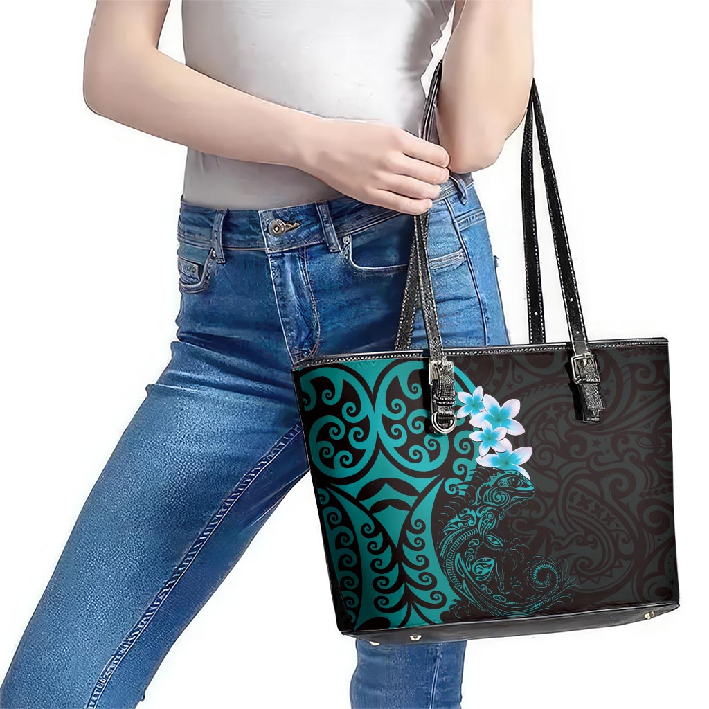 New Zealand Tuatara Plumeria Leather Tote Bag Maori Teal Koru Tribal Tattoo LT01 - Polynesian Pride