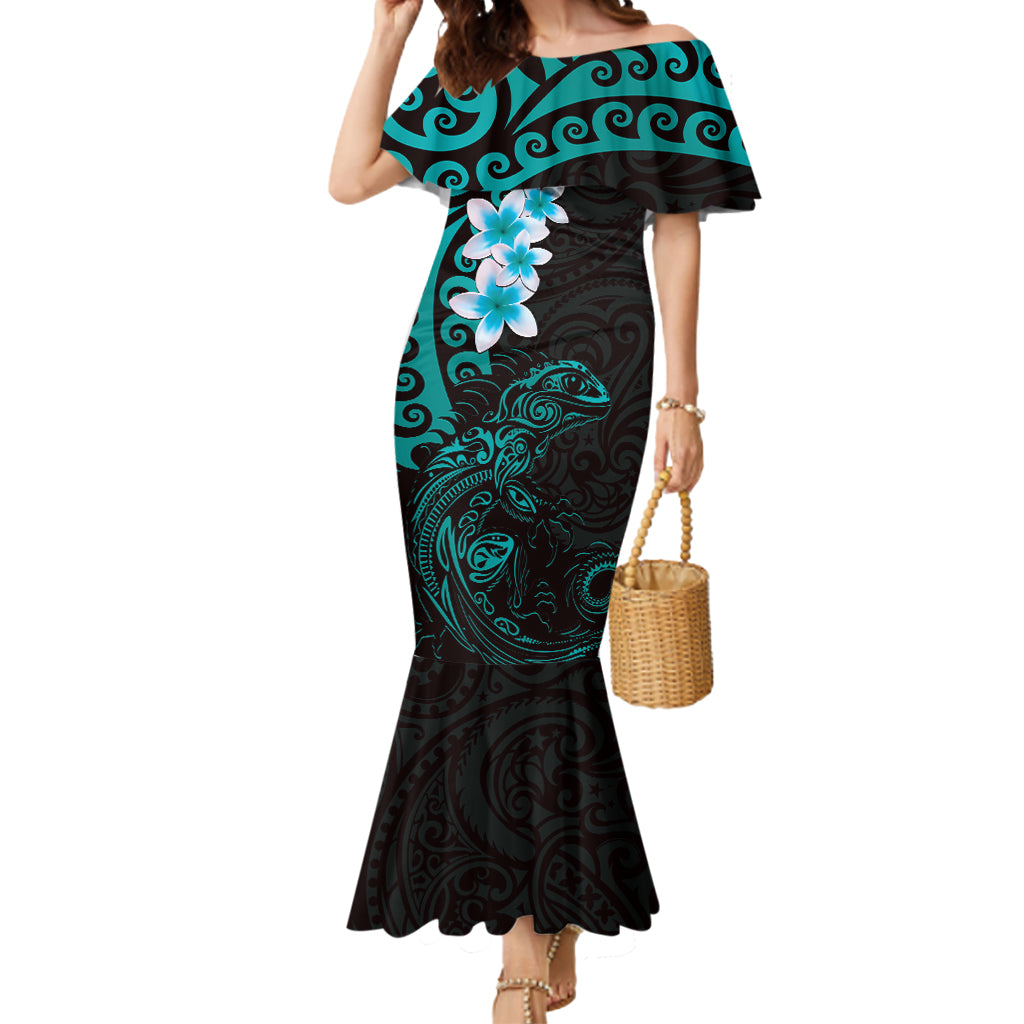 New Zealand Tuatara Plumeria Mermaid Dress Maori Teal Koru Tribal Tattoo LT01 Women Teal - Polynesian Pride