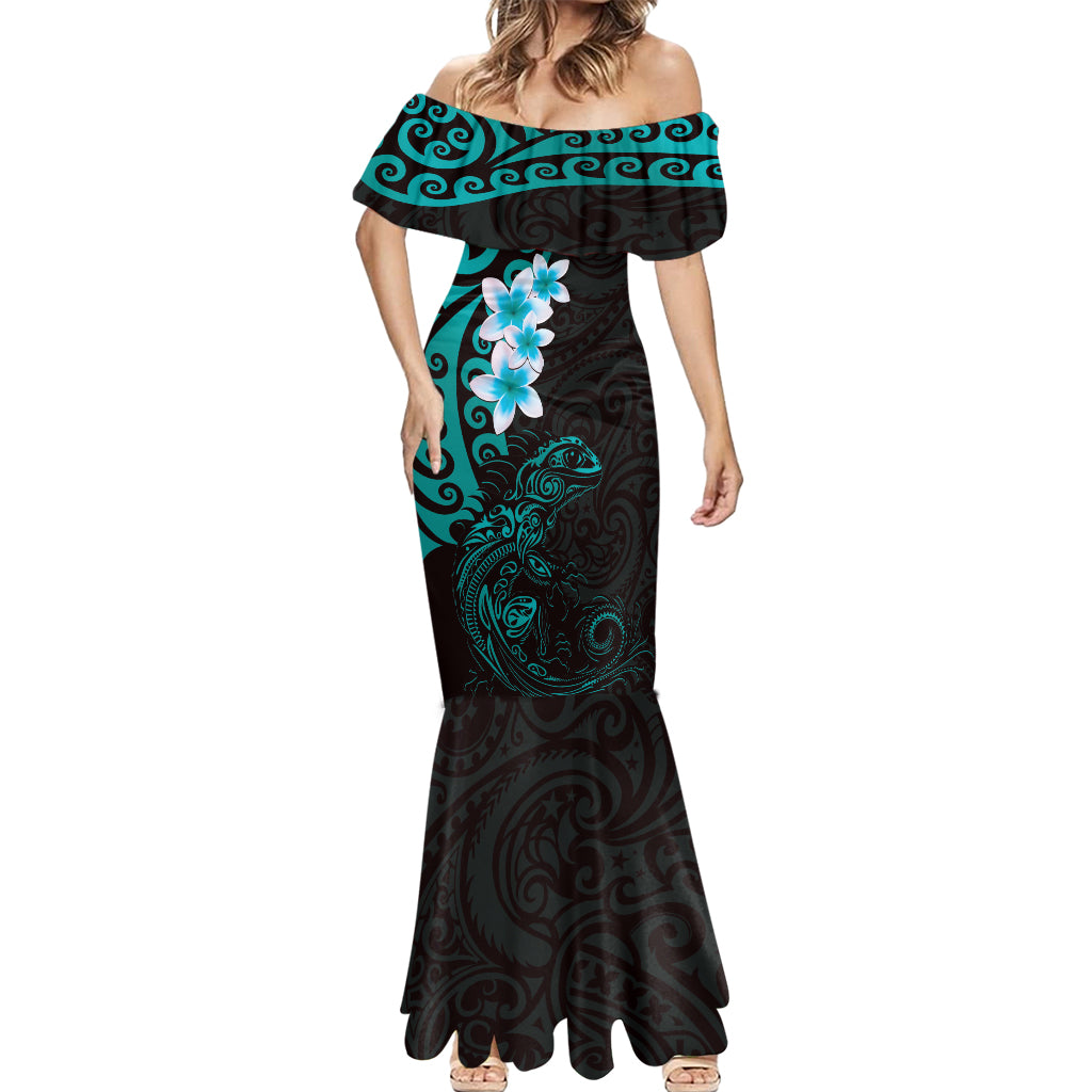 New Zealand Tuatara Plumeria Mermaid Dress Maori Teal Koru Tribal Tattoo LT01 - Polynesian Pride