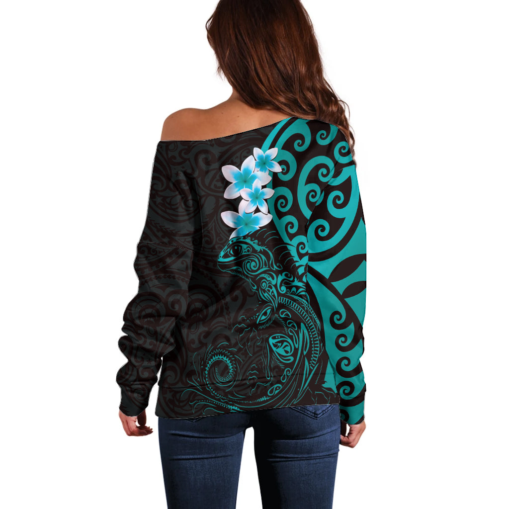 New Zealand Tuatara Plumeria Off Shoulder Sweater Maori Teal Koru Tribal Tattoo