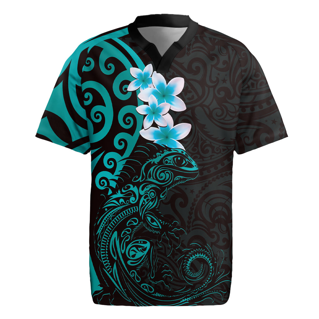 New Zealand Tuatara Plumeria Rugby Jersey Maori Teal Koru Tribal Tattoo