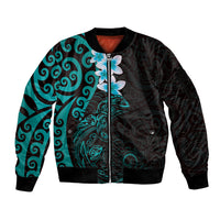 New Zealand Tuatara Plumeria Sleeve Zip Bomber Jacket Maori Teal Koru Tribal Tattoo LT01 Unisex Teal - Polynesian Pride