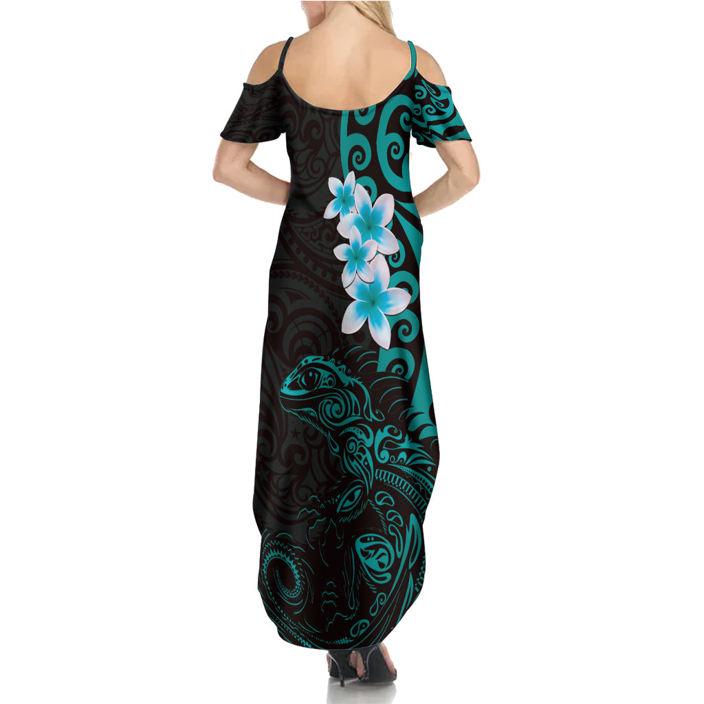 New Zealand Tuatara Plumeria Summer Maxi Dress Maori Teal Koru Tribal Tattoo LT01 - Polynesian Pride