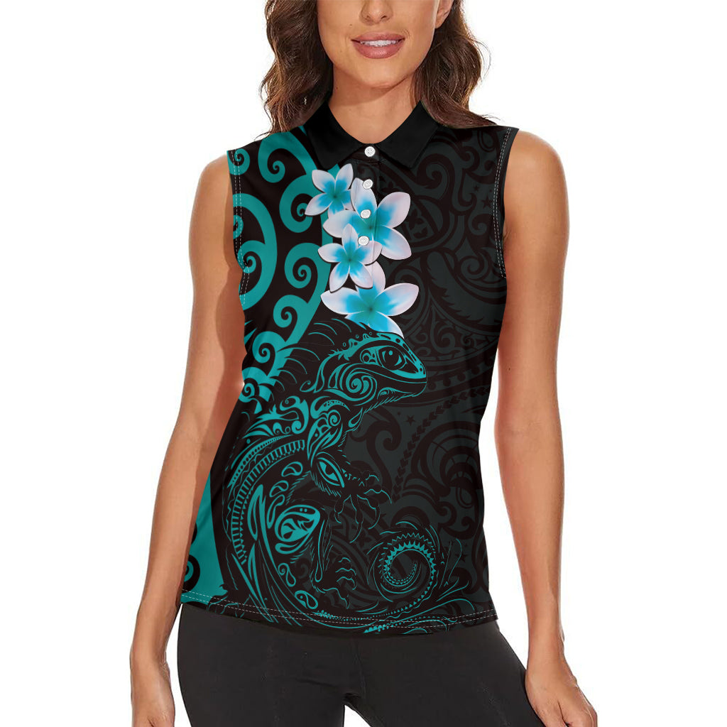 New Zealand Tuatara Plumeria Women Sleeveless Polo Shirt Maori Teal Koru Tribal Tattoo